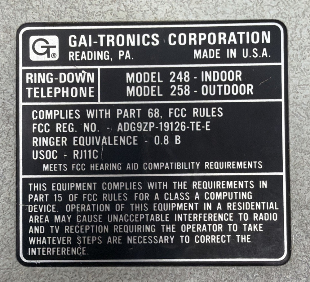 Gai tronics Ring Down Telephone Phone Model 248 258 BR-3 Intercom Paging