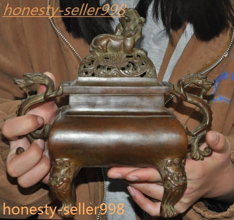 8.6" Ancient Chinese Pure bronze dragon loong beast statue Incense burner censer