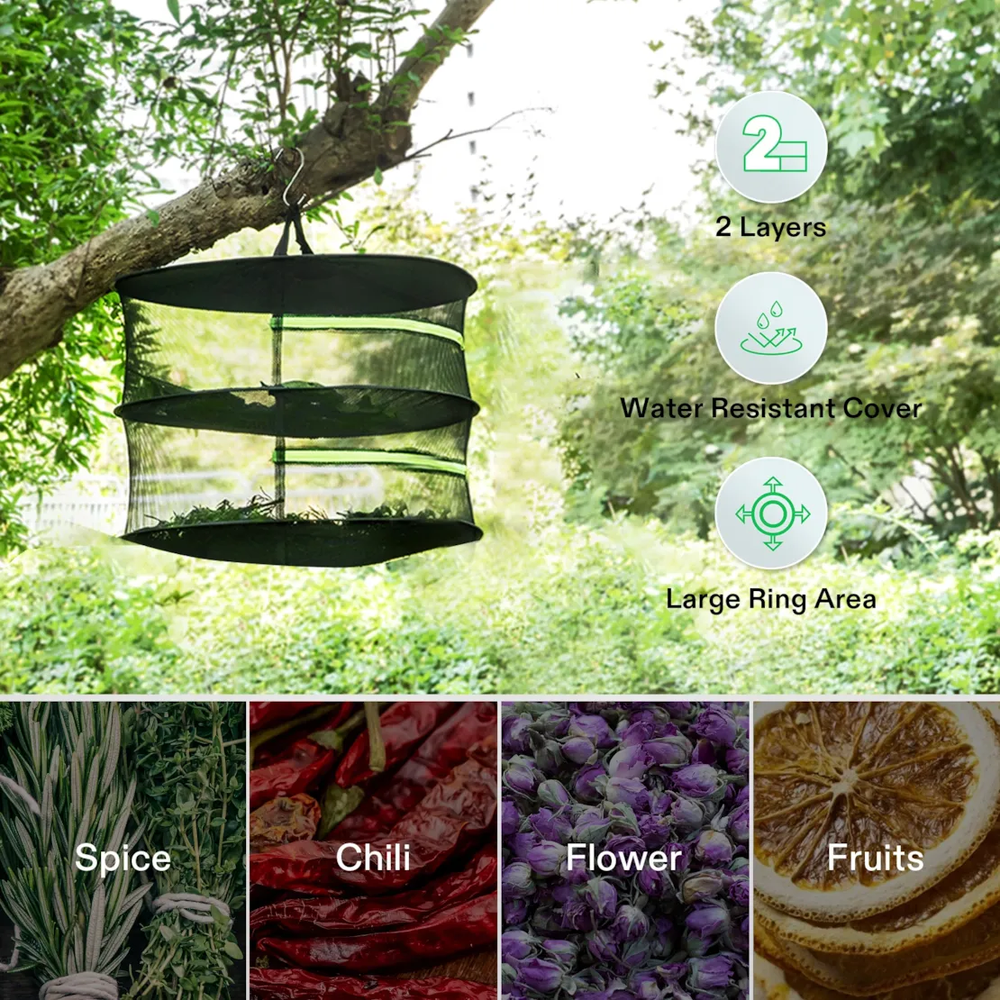 2ft - 2 Layer Hanging Herb Mesh Rack Foldable Drying Net with bag and hook