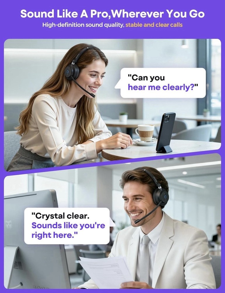 Wireless Headset with Mic for Work, Bluetooth Headphones with Microphone, Comput