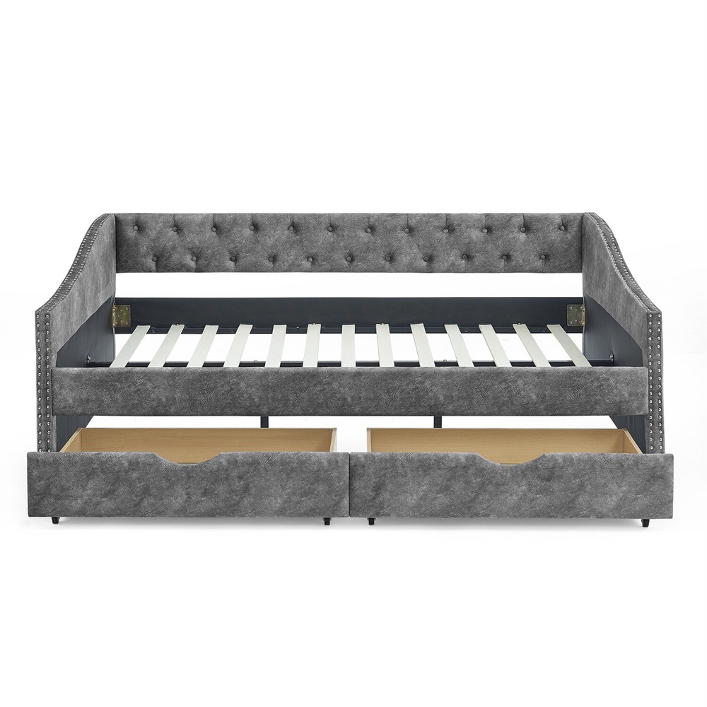 Full Size Daybed Upholstered Bed Frame Sofa Bed w/ 2 Storage Drawers US