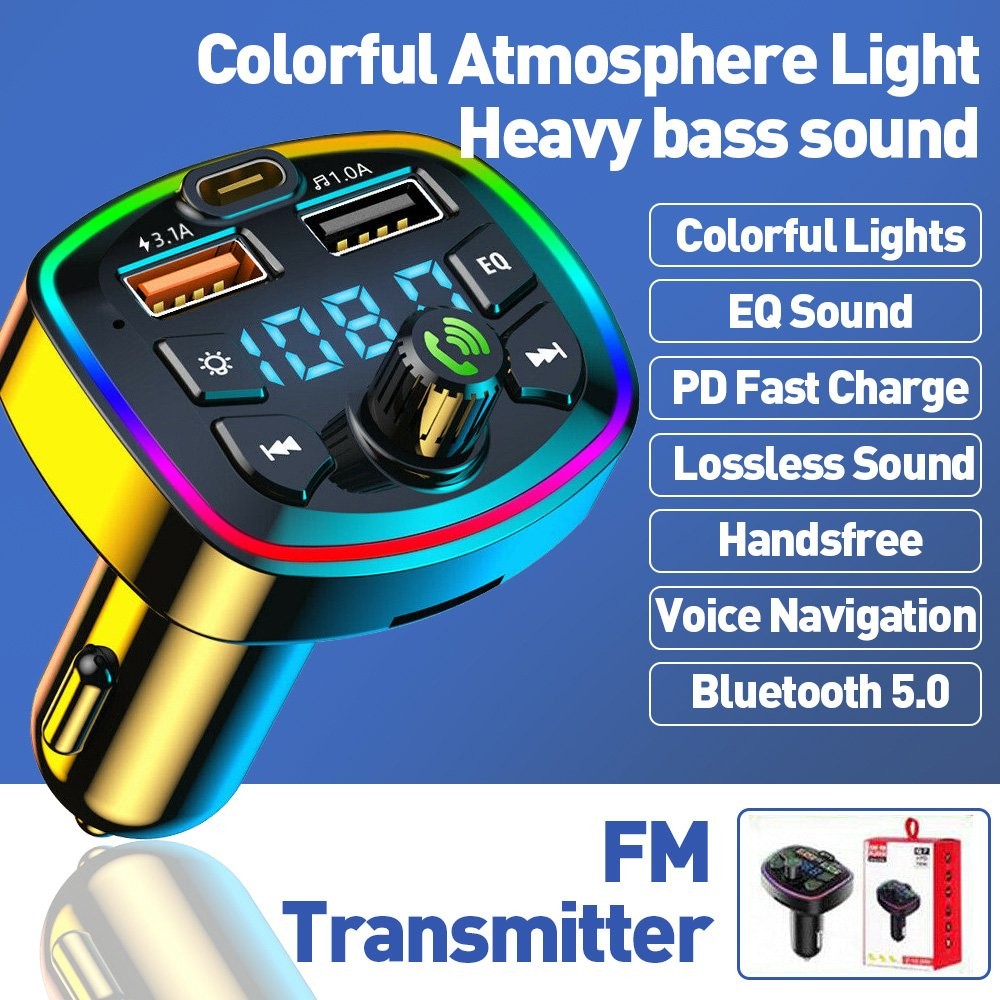 Car Wireless Bluetooth 5.0 FM Transmitter Adapter 2USB PD Charger RGB Hands-Free