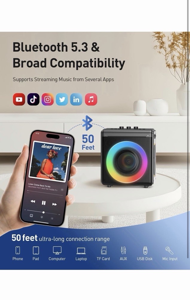 Karaoke Machine with 2 Wireless Microphones: Portable Bluetooth Speaker