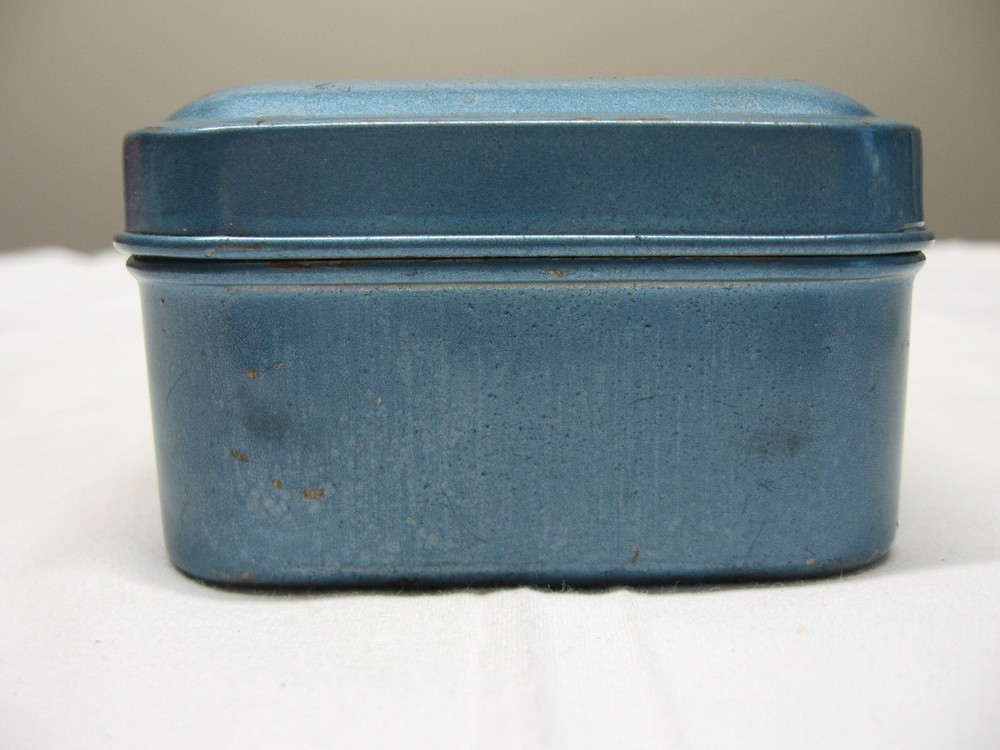 Vintage Empty Sewing Machine Accessories Tin Hinged Lid Box Blue
