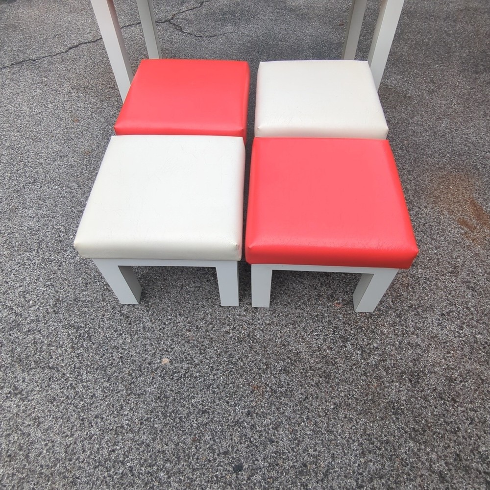 Vintage 80s Postmodern Laminate Parsons Table with 4 Upholstered Stools