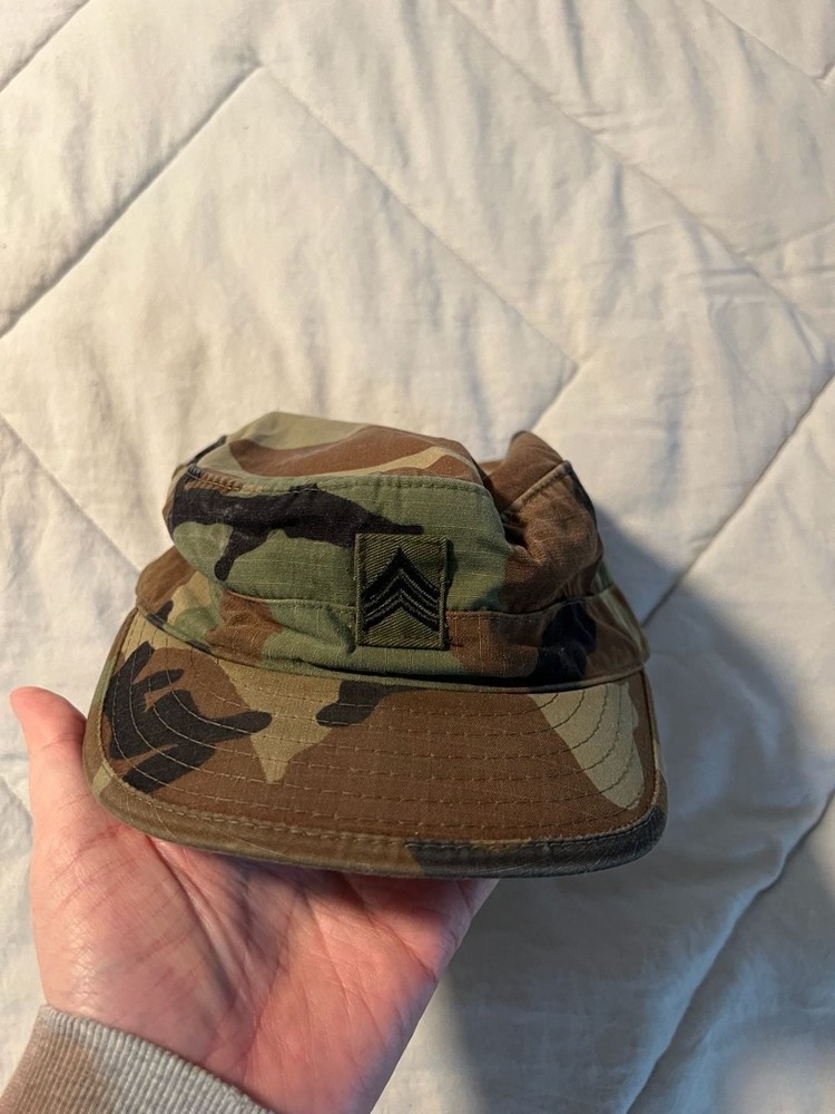 US Army Woodland Camo BDU Patrol Cap with Sergeant E-5 Rank Patch