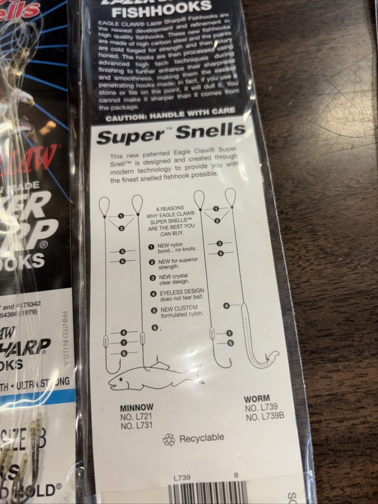 4 PACKS Eagle Claw Lazer Sharp Freshwater Size 8 Super Snell Worm Hook 6 Count
