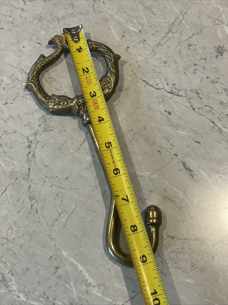 Vintage Large Solid Brass Fireplace Damper Pull Hook 9” Dolphins