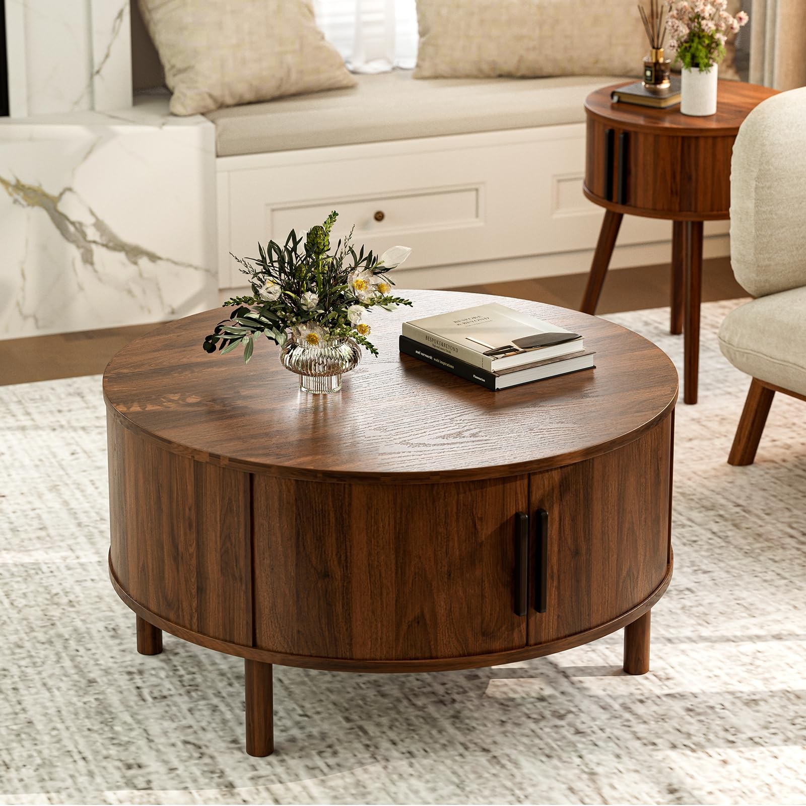 Coffee Table for Living Room, Modern Round Coffee Table with Cabinets & Slidi...