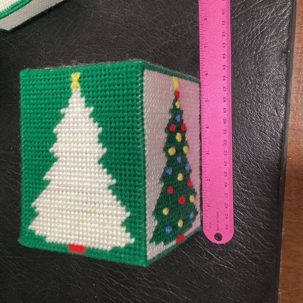 Handmade Plastic Canvas Christmas Tree Tissue Box Cover Coasters Set