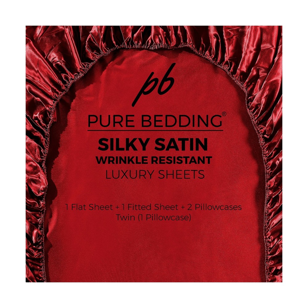 Pure Bedding 4Pc Burgundy Satin Silky Soft Fitted & Flat Sheets Pillowcases Full