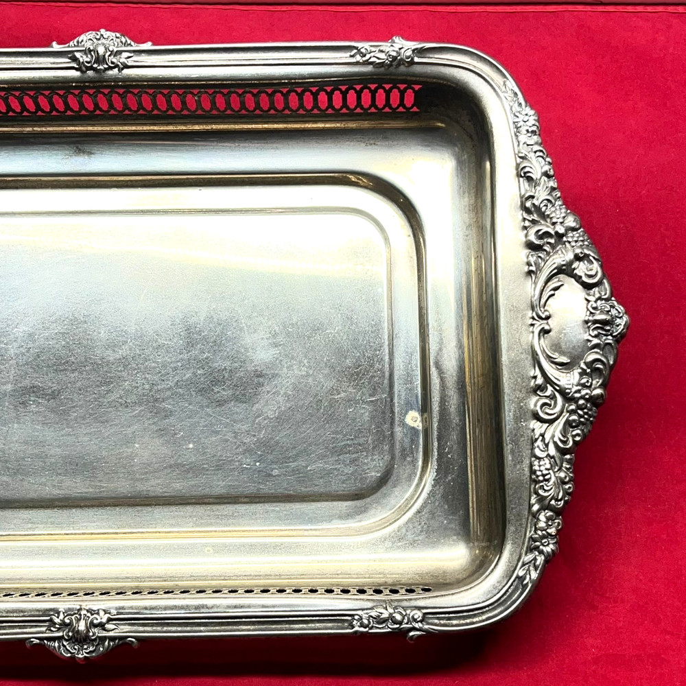 VTG 19" Tarnished Silver Plated Rectangular Butler Serving Tray Pierced Gallery
