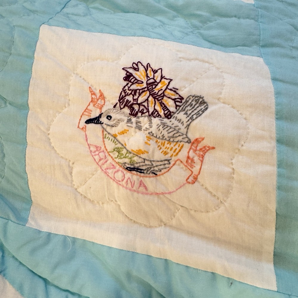 Vintage Handmade State Bird Quilt Blue White Embroidered Patchwork