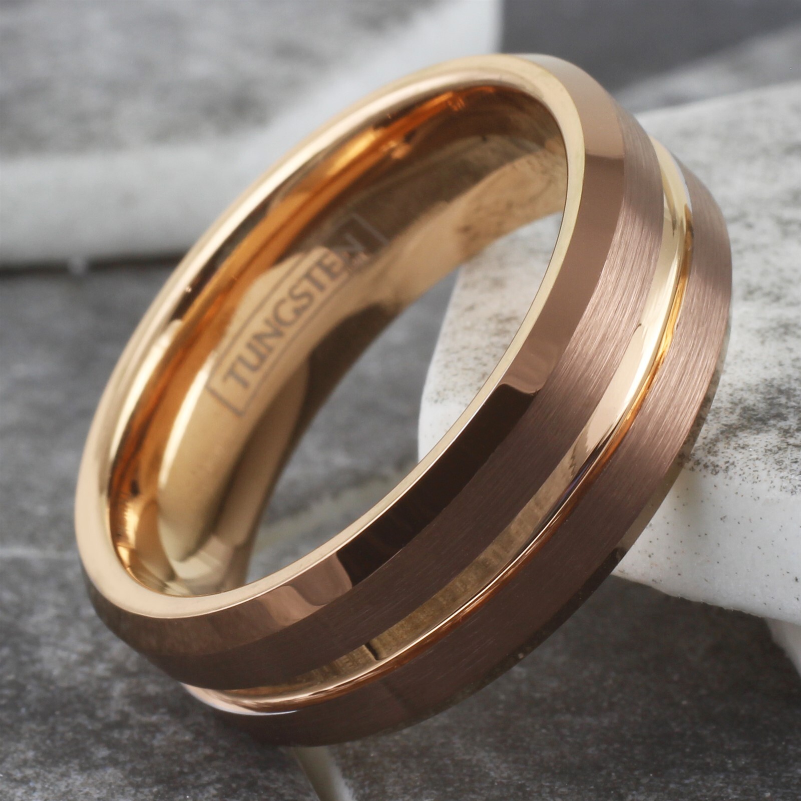 Bronze-Brown Tungsten Carbide Men's Ring Rose Gold Plated Stripe Wedding Band