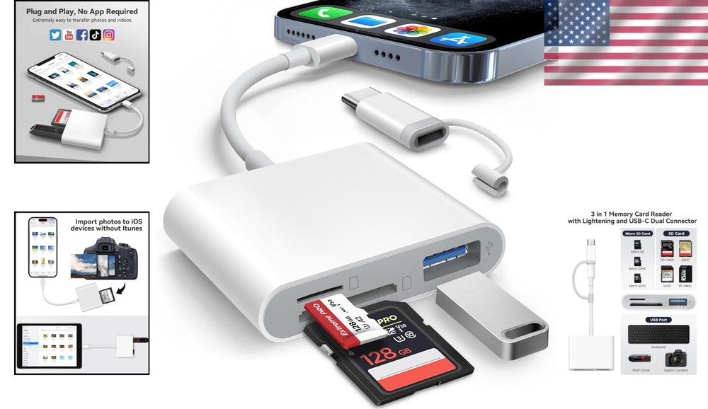 SD Card Reader for iPhone iPad Built-in Lightening & USB-C Dual Connectors Ca...