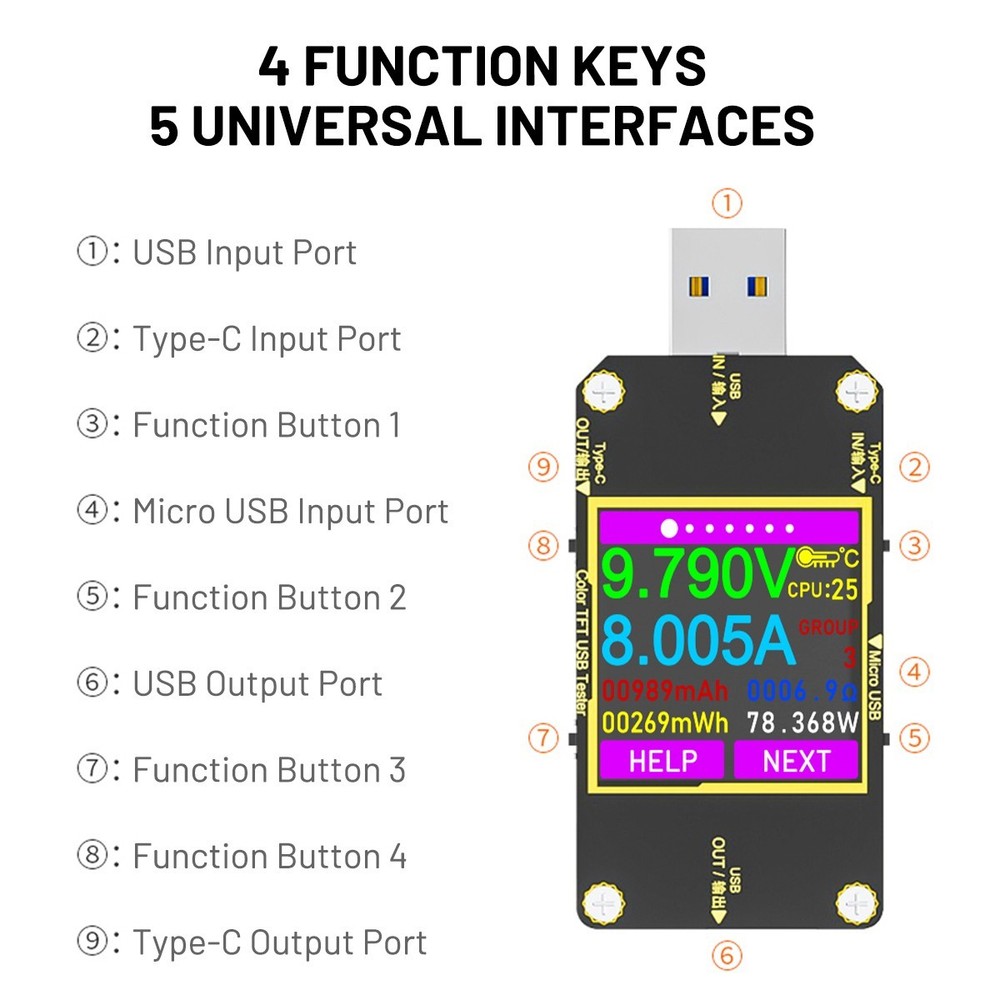 USB Power Meter Tester Type C LCD Multimeter Voltmeter Ammeter Detector QC2.0-3