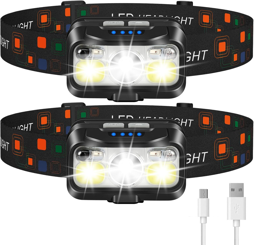 Headlamp Rechargeable, Lumen Super Bright Motion Sensor Head Lamp Flashlight,2-P