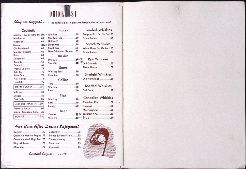 1954 Eugene Hotel Eugene OR Dinner Menu Cocktail Menu Wine List