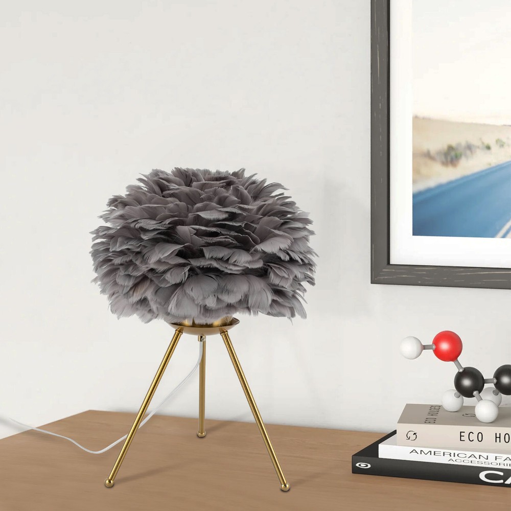 Gray Feather Table Lamp Tripod Lamp, Feather Lamp, Table Light Hand Control