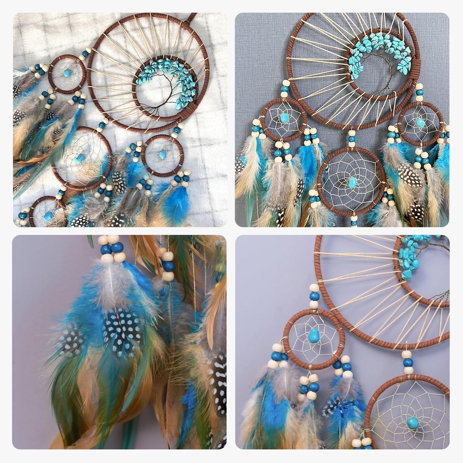Turquoise Tree of Life Dream Catcher Natural Feathers Handcrafted Wall Hanging
