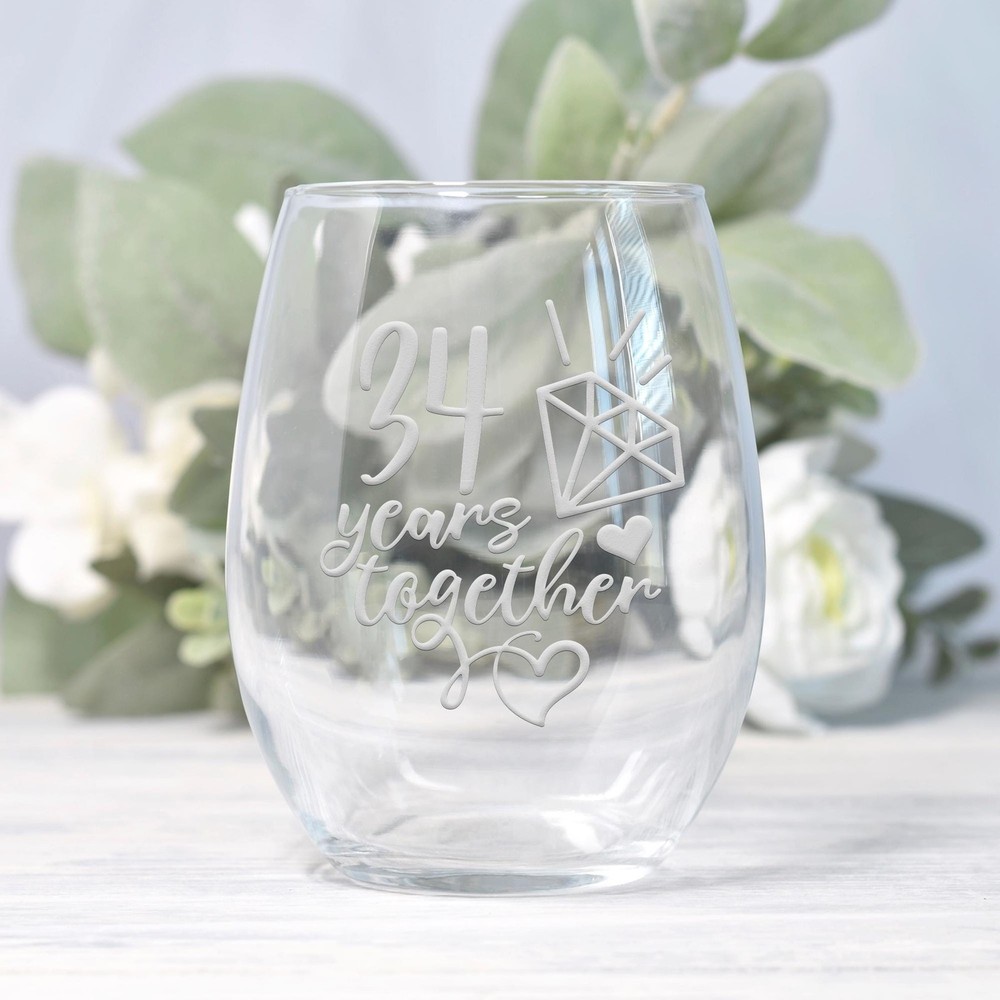 34th Anniversary Wine Glass Etched Romantic Gift
