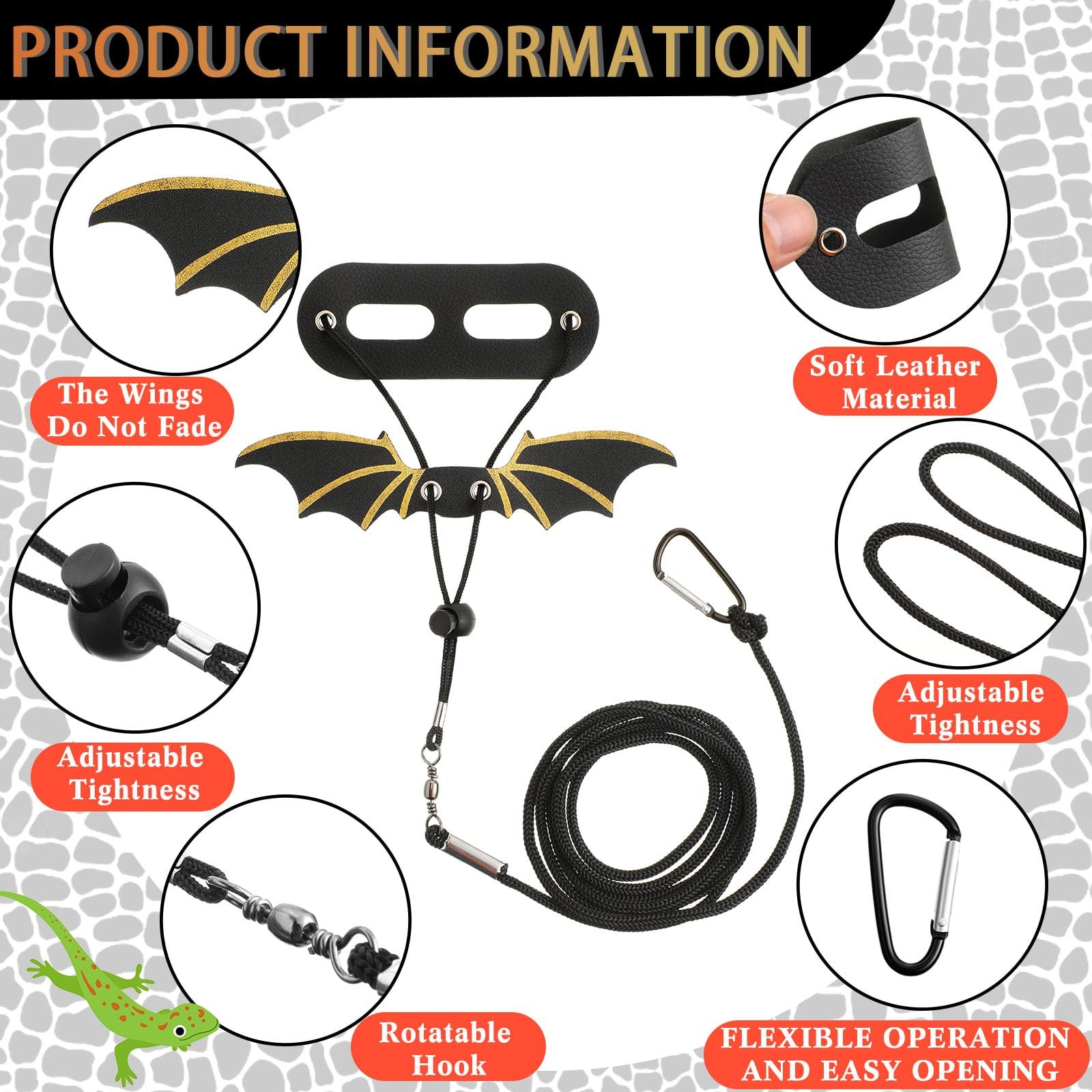 Bearded Dragon Leash and Harness Set 3 Size Pack Adjustable Cool Leather Lizard