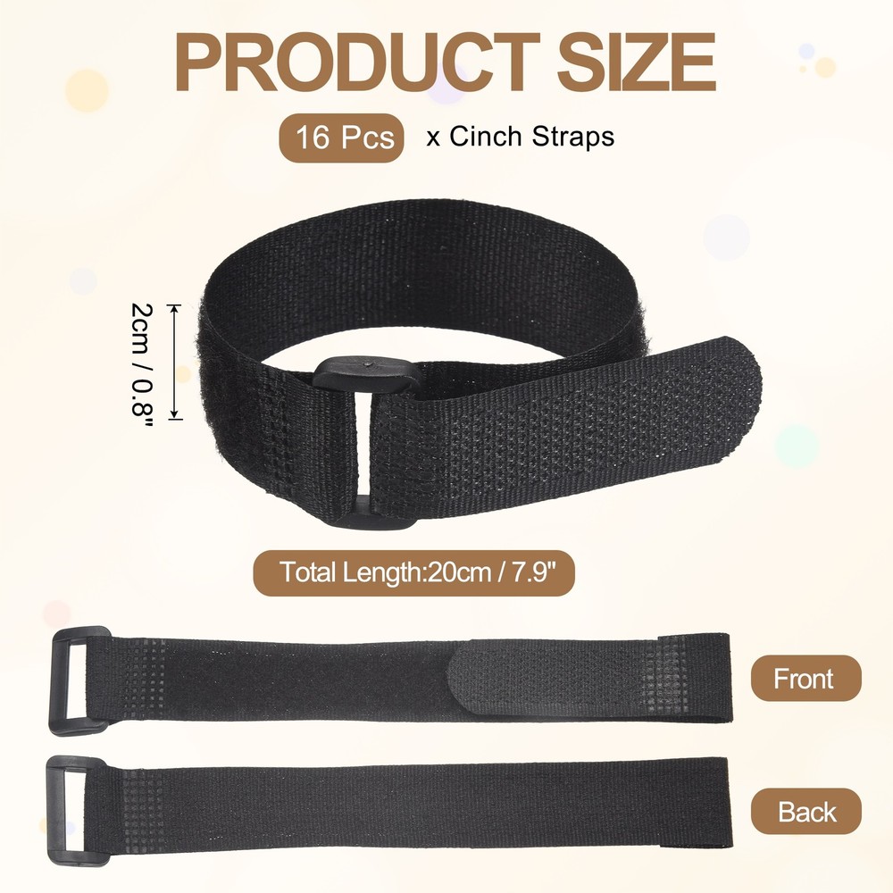 16pcs Reusable Cinch Straps 0.8"x7.9" Hook and Loop Cable Securing Straps, Black