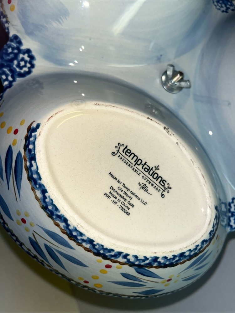 Temptations Old World Blue Chicken 2 Two Tier Tower Snack Serving Divided Tray!