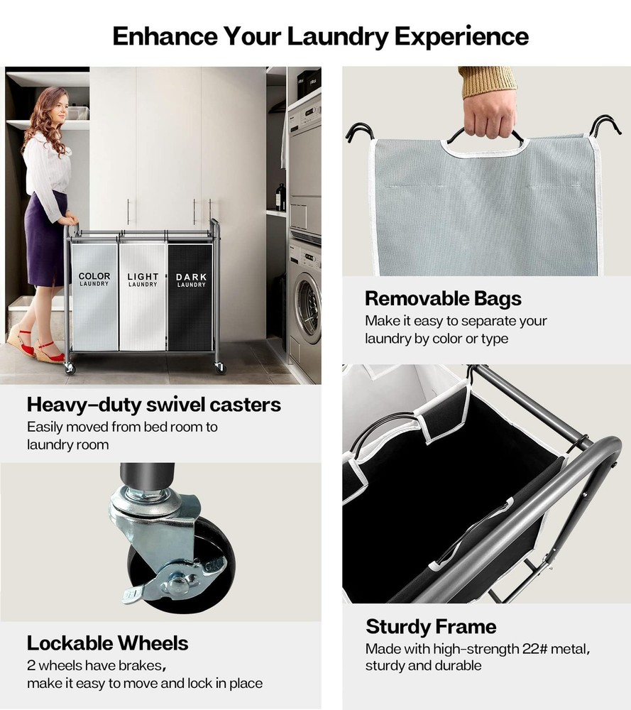 ROMOON Laundry Sorter 3 Section, Separated Laundry Basket with Wheels, Rollin.