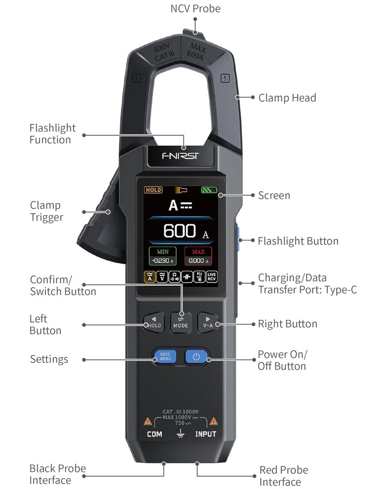 Digital Clamp Meter Multimeter TRMS AC/DC Voltage Current NCV 600A