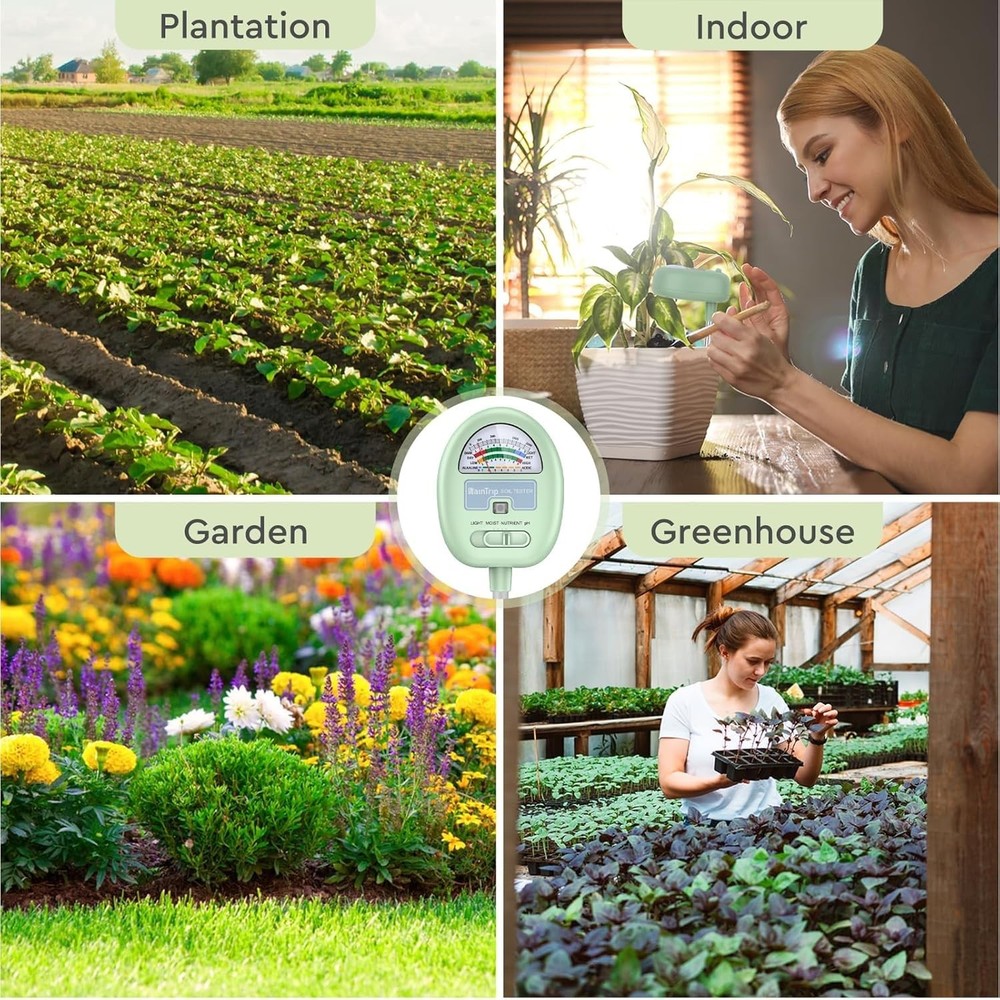 4-in-1 Soil Moisture Meter: pH, Light & Nutrient Tester - No Battery Needed