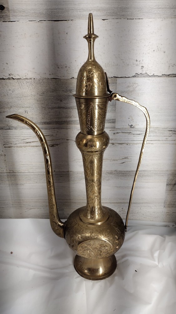 Large Etched Antique Middle Eastern Solid Brass Tea Coffee Pot Pitcher Vase 18IN
