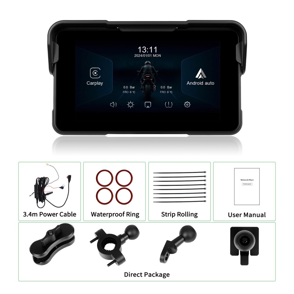 5" Motorcycle Portable Wireless Apple Carplay Android Auto Waterproof Car Stereo