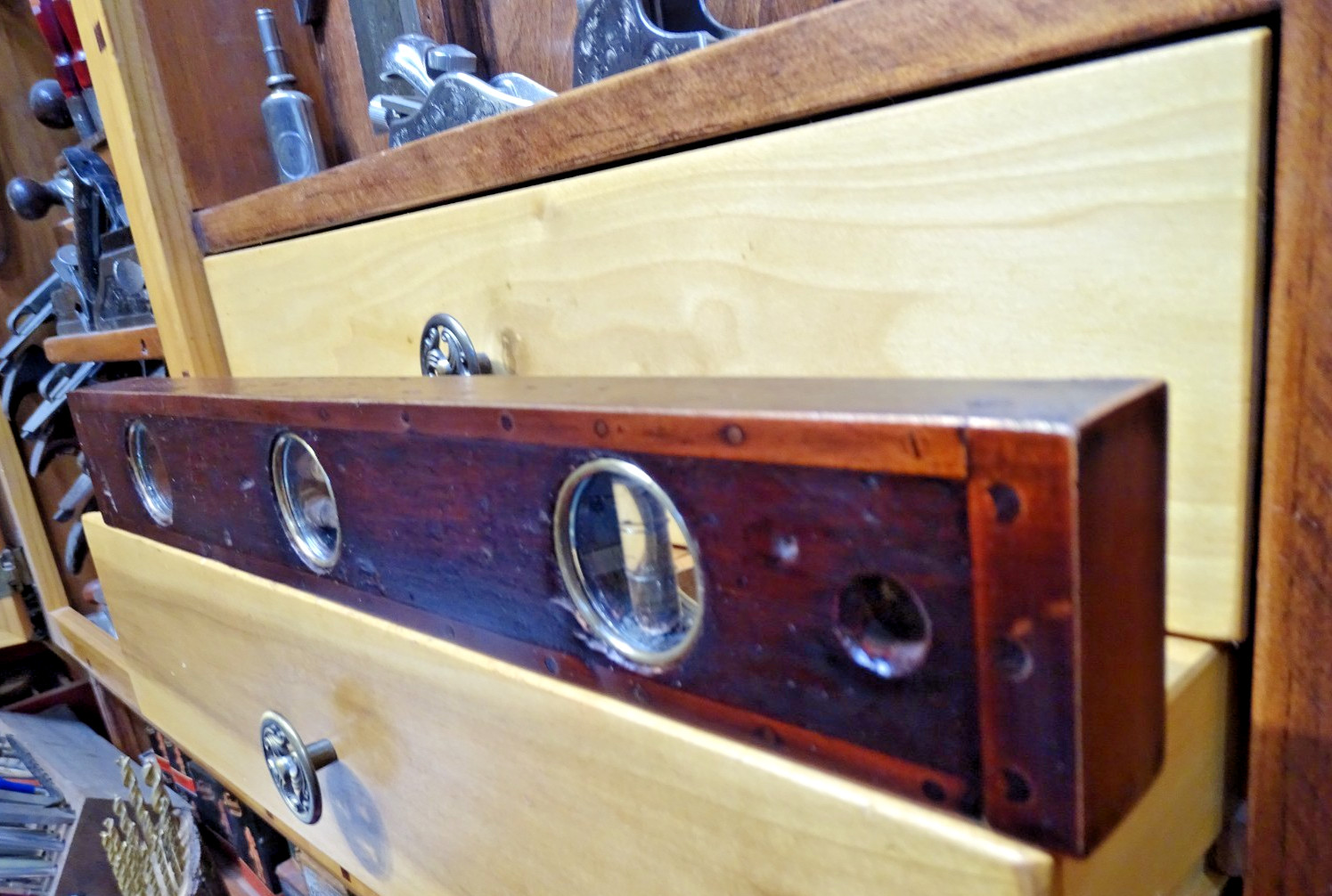 Antique User Made Brass Bound Double Plumb and Level Glass Vial Windows- WOW!!