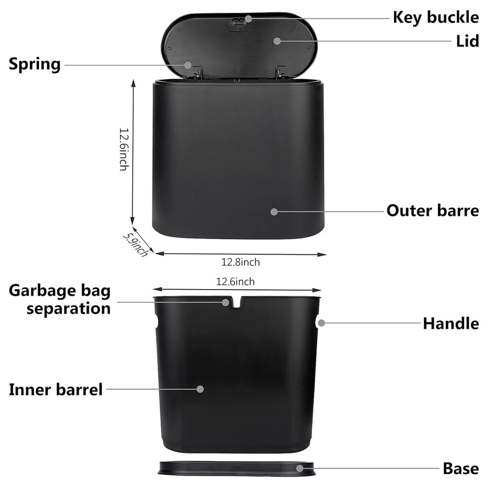 Trash Can, 10 Liter / 2.4 Gallon Plastic Slim Garbage Container Bin Black