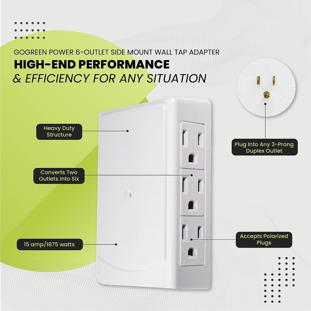 6-Outlet Side Mount Wall Tap Adapter, White - Unique Space-Saving Design, Heavy