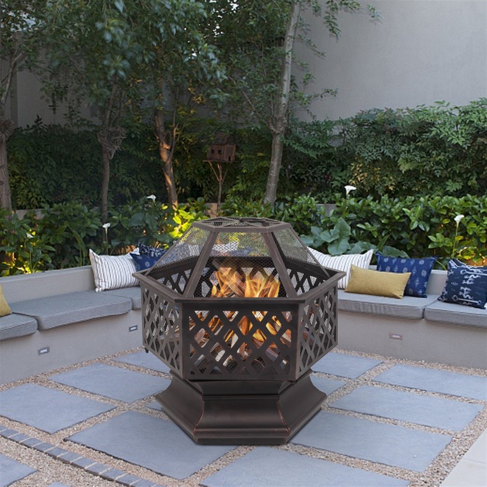 22" Hexagonal Shaped Iron Brazier Wood Burning Fire Pit Decoration