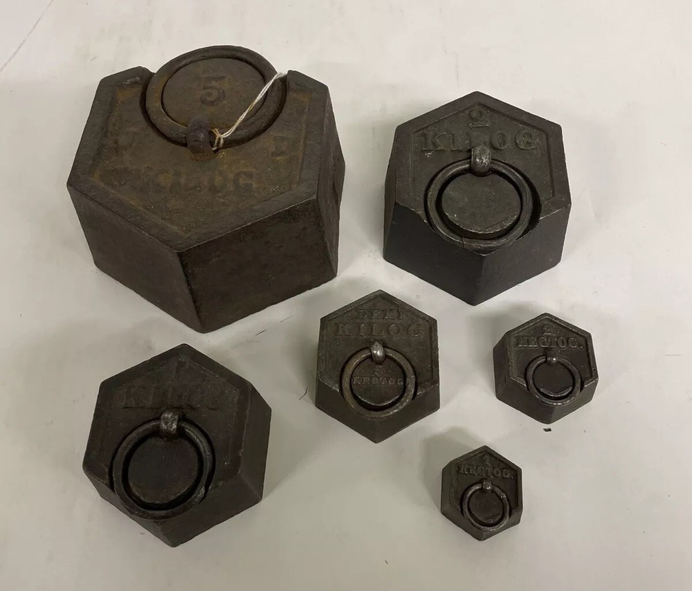 Antique KILOGRAM IRON RING WEIGHTS 6 Hexagonal For Scale
