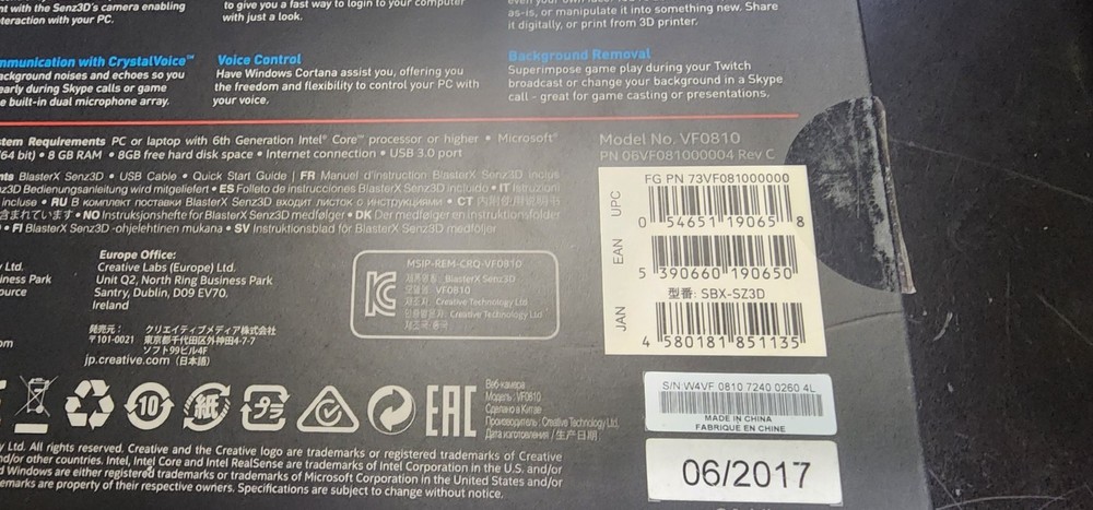 Creative Labs BlasterX Senz3D Webcam Full HD 1080p VF0810 Depth-Sensing