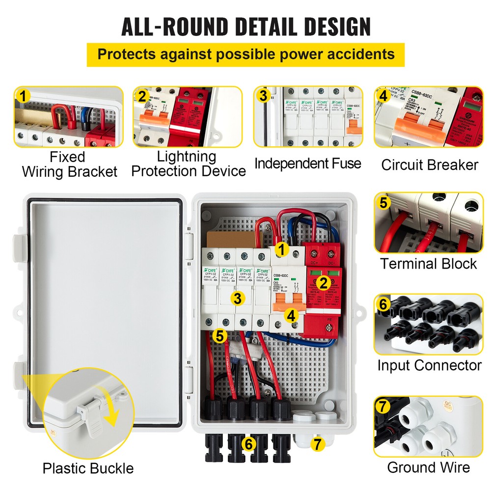 VEVOR 4 String Solar PV Combiner Box 15A Circuit Breaker for Solar Panel System