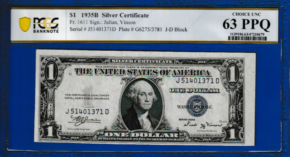 ERROR NOTE 1935 B $1 SILVER CERTIFICATE Serial Numbers J 51401371 D PCGS