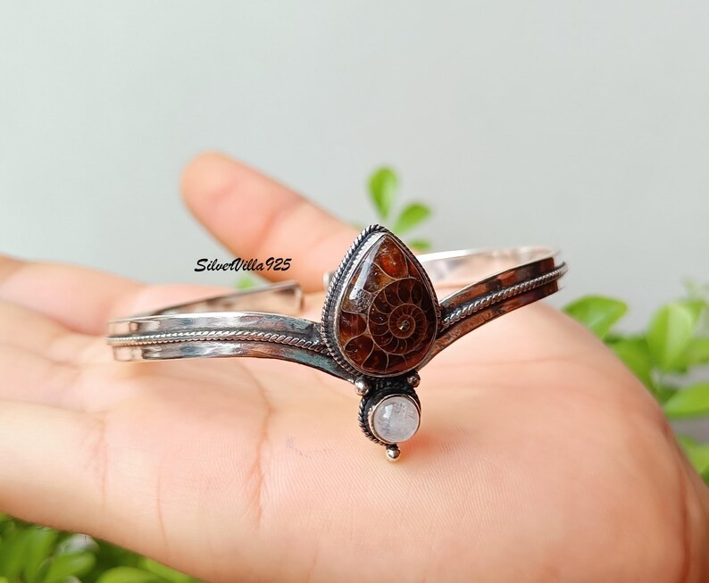 Ammonite Fossil Moonstone Solid 925 Sterling Silver Adjustable Cuff Bangle M1855