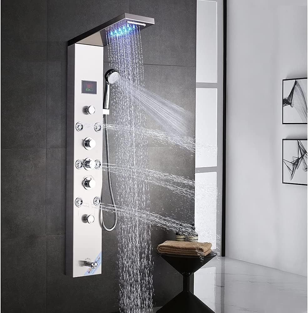 Brushed Nickel 6-Function Shower Tower with Rainfall LED Shower Head & Spa Jets