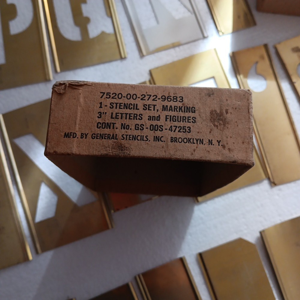 Vtg Brass Stencil Set Numbers Letters General Stencils Box Missing Letters 5”