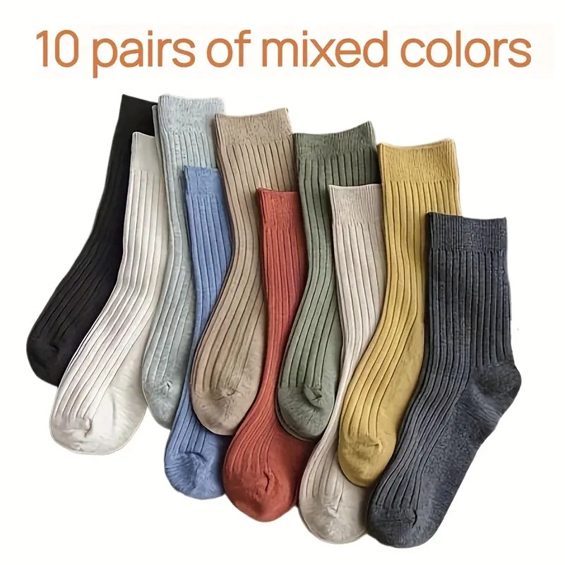 10 Pairs Women’s Soft Blend Mid-Length Socks Solid Colors Japanese Retro Style