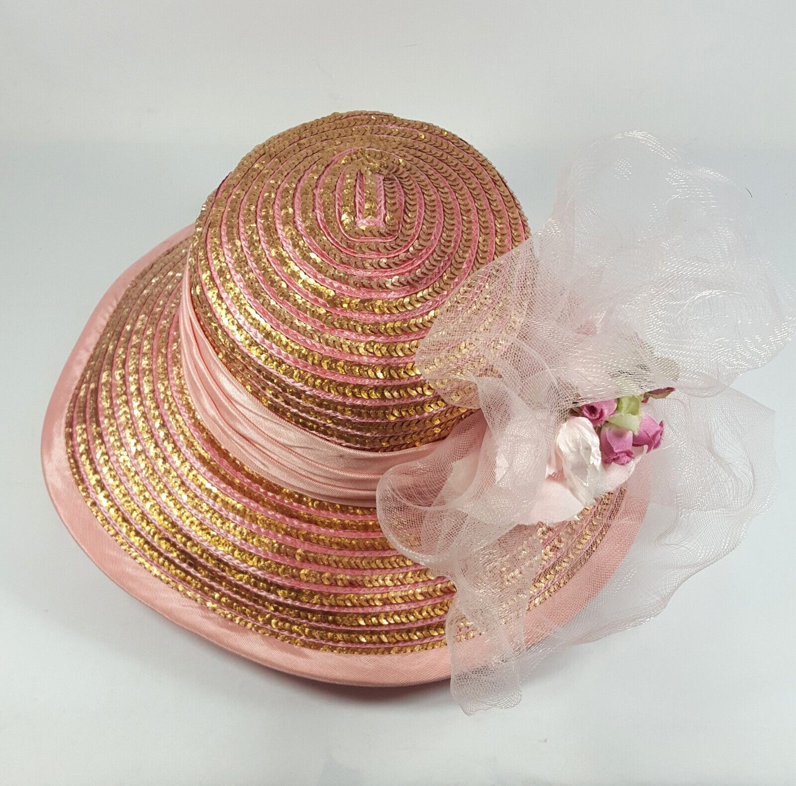 Vintage Whittall Shon Womens Cartwheel Sun Hat Pink Gold Floral Flower Sequin