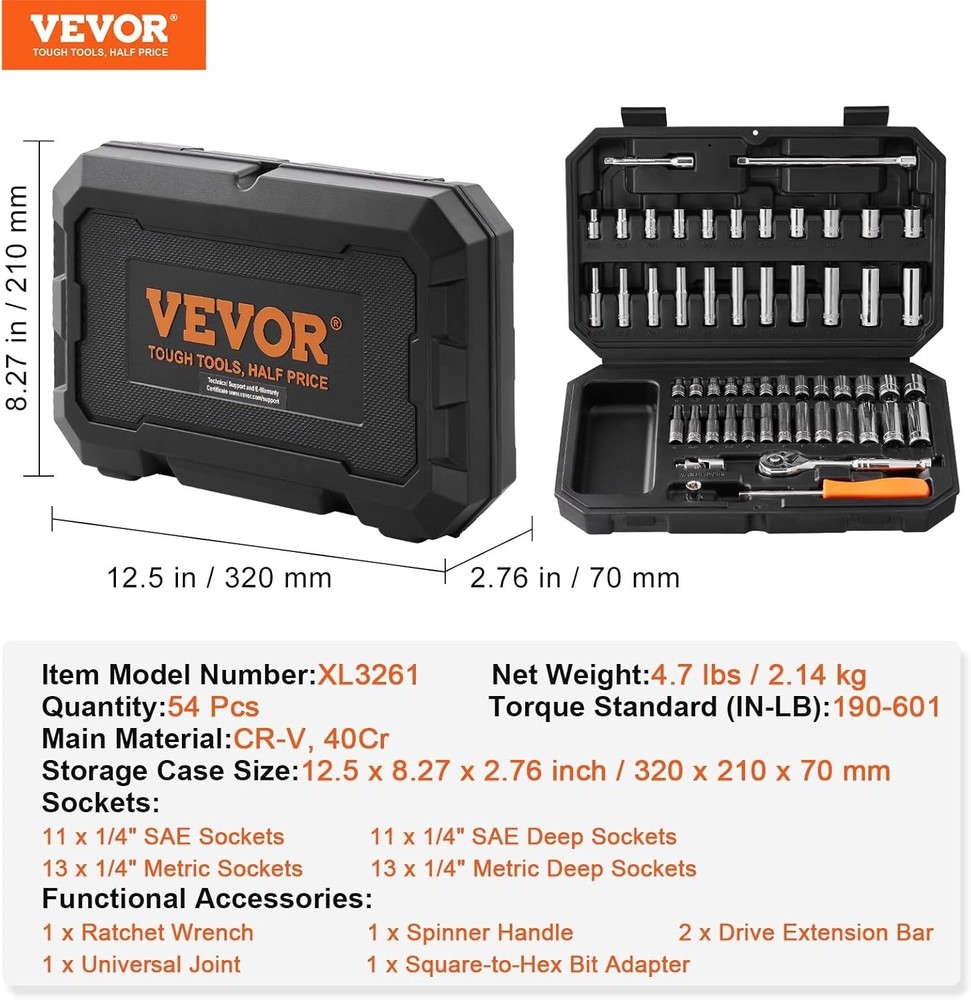 Socket Set, 1/4 Inch Drive Socket and Ratchet Set, 6-Point Socket Opening, 54...