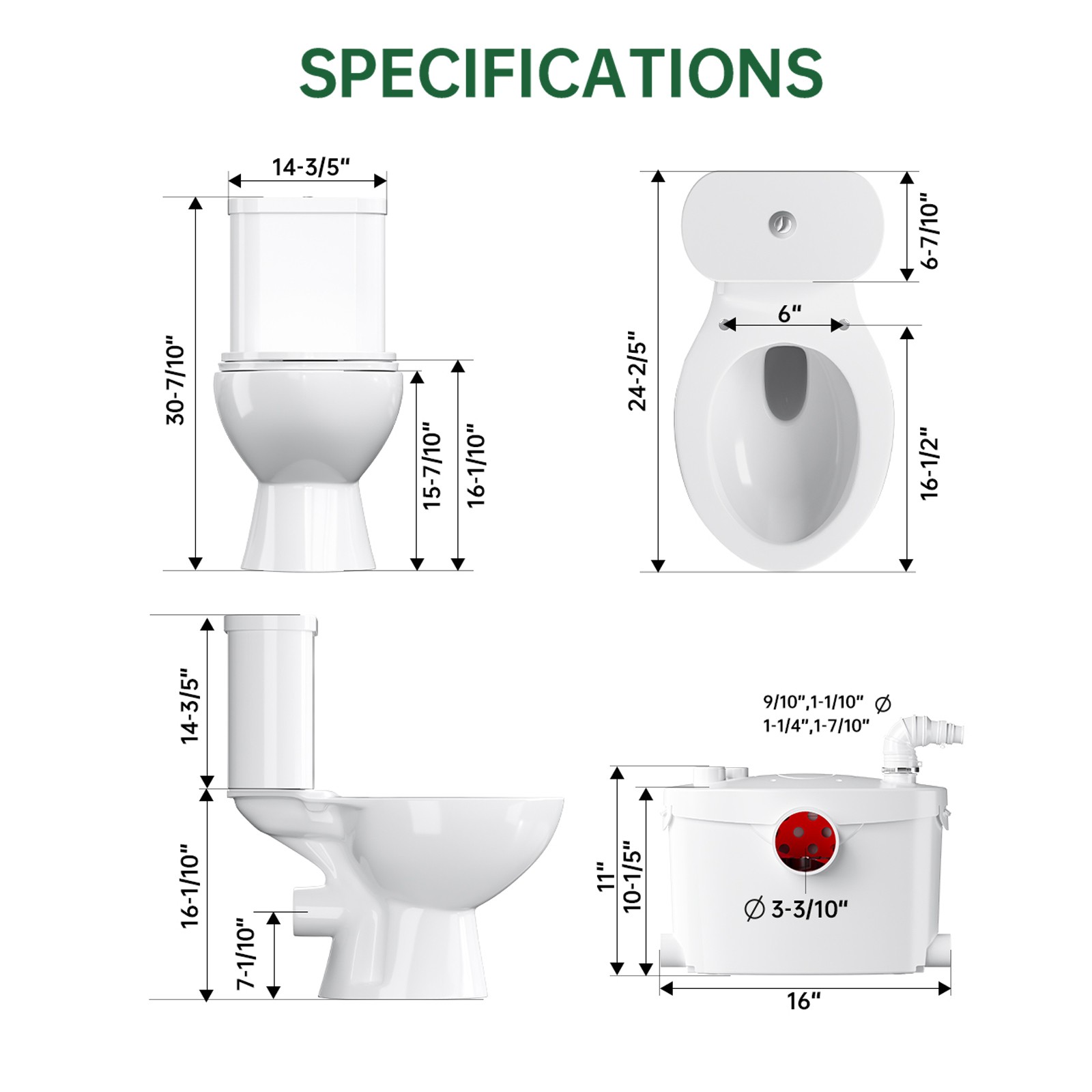 750W Upflush Macerating Toilet System Dual Flush 1/1.6GPF w/ Pump for Basement