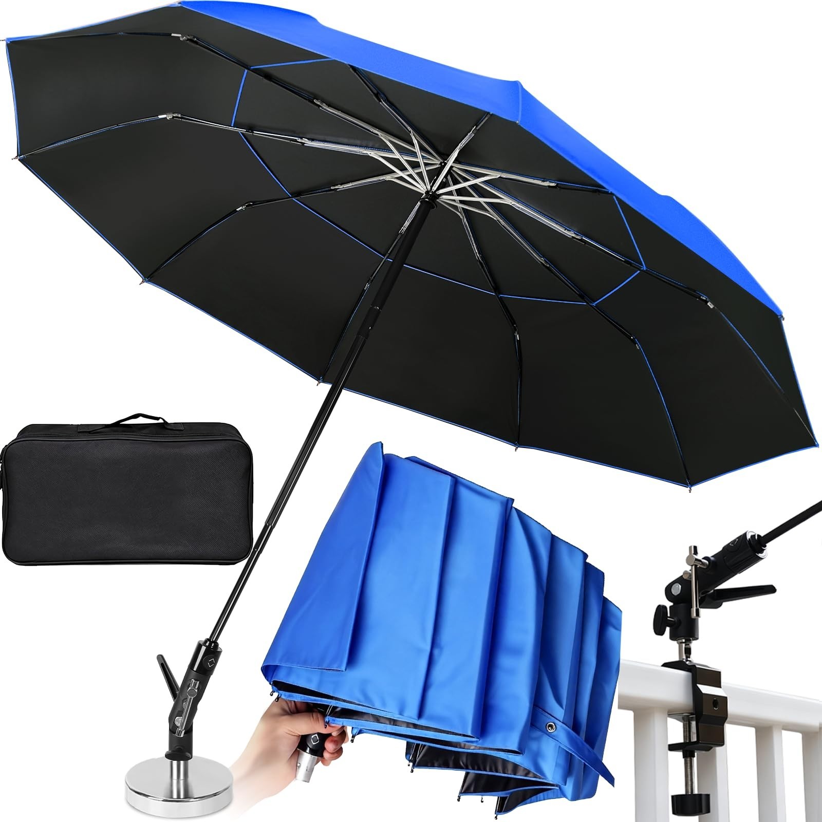 60" Folding Magnetic Umbrella for Outdoor Work, 600lb Suction Base, 2-in-1 Sun &