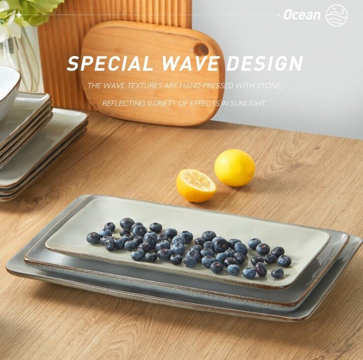 Famiware Ocean Series Rectangular Gray Stoneware 3 Piece Serving Platters Set